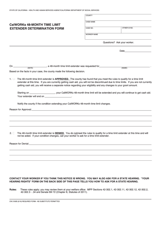 Fillable Form Cw 2190b - Calworks 48-Month Time Limit Extender Determination Form Printable pdf
