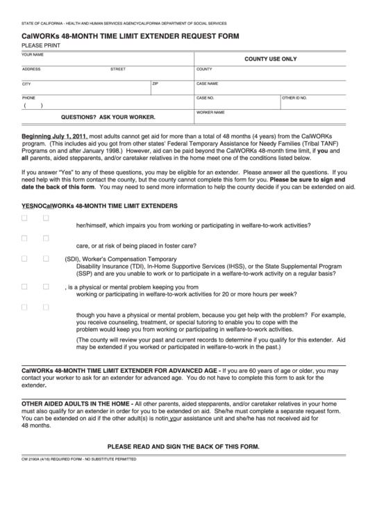 Fillable Form Cw 2190a - Calworks 48-Month Time Limit Extender Request Form Printable pdf