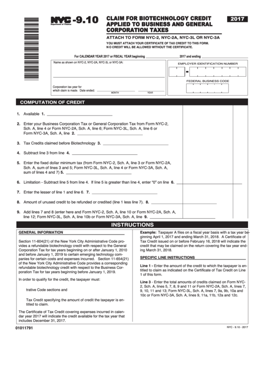 Form Nyc-9.10 - Claim For Biotechnology Credit Applied To Business And General Corporation Taxes - 2017 Printable pdf