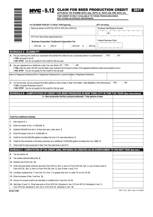Form Nyc-9.12 - Claim For Beer Production Credit - 2017 Printable pdf