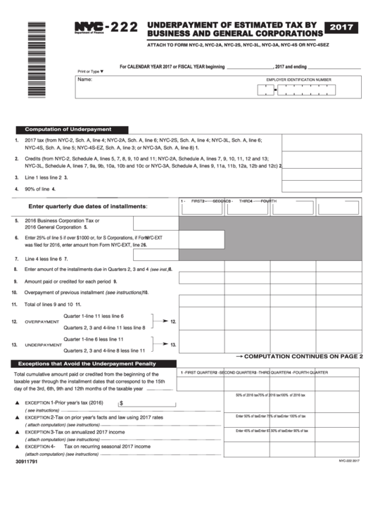 Form Nyc-222 - Underpayment Of Estimated Tax By Business And General Corporations - 2017 Printable pdf