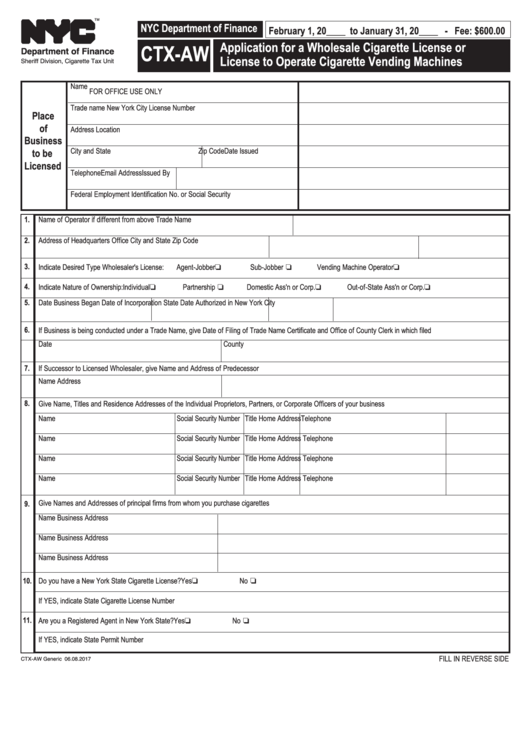 Form Ctx-Aw - Application For A Wholesale Cigarette License Or License To Operate Cigarette Vending Machines Printable pdf