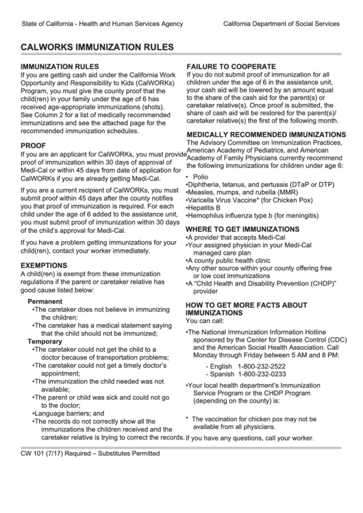 Form Cw 101 - Calworks Immunization Rules Instructions Printable pdf