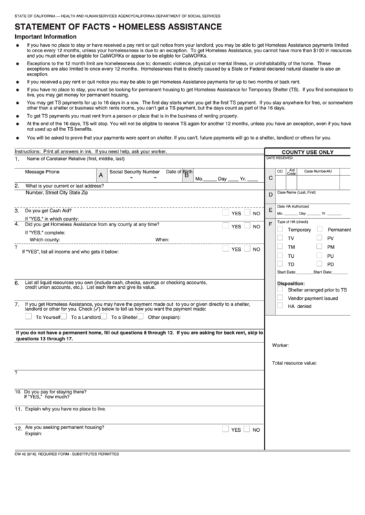 Fillable Form Cw 42 - Statement Of Facts - Homeless Assistance Printable pdf
