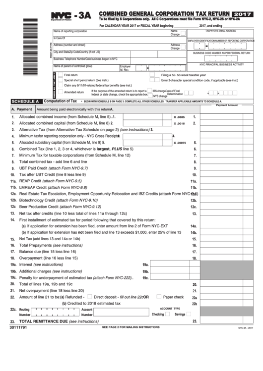 Form Nyc-3a - Combined General Corporation Tax Return - 2017 Printable pdf