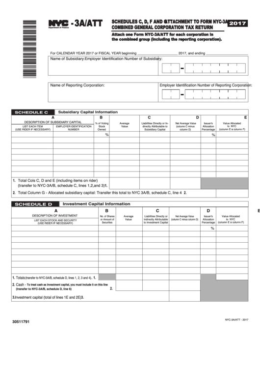 Form Nyc-3a/att - Schedules C, D, F And G - Attachment To Form Nyc-3a Combined General Corporation Tax Return - 2017 Printable pdf