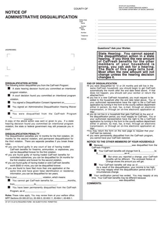 Fillable Form Cf 377.7a - Notice Of Administrative Disqualification Printable pdf