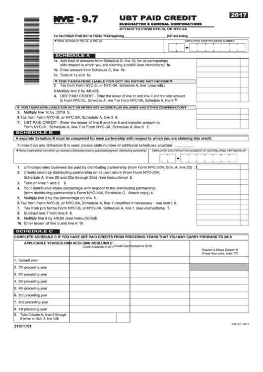 Form Nyc-9.7 - Ubt Paid Credit Subchapter S General Corporations - 2017 Printable pdf