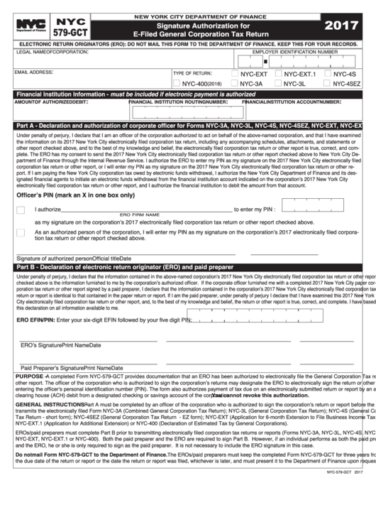 Form Nyc-579-Gct - Signature Authorization For E-Filed General Corporation Tax Return - 2017 Printable pdf