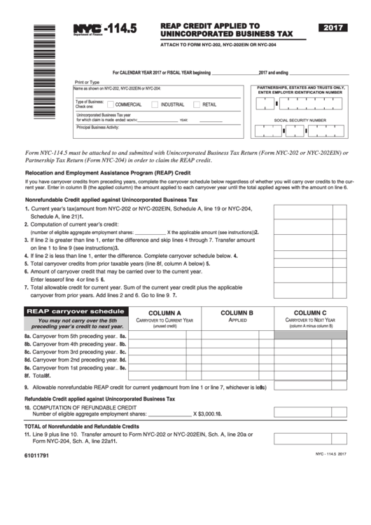 Form Nyc-114.5 - Reap Credit Applied To Unincorporated Business Tax - 2017 Printable pdf