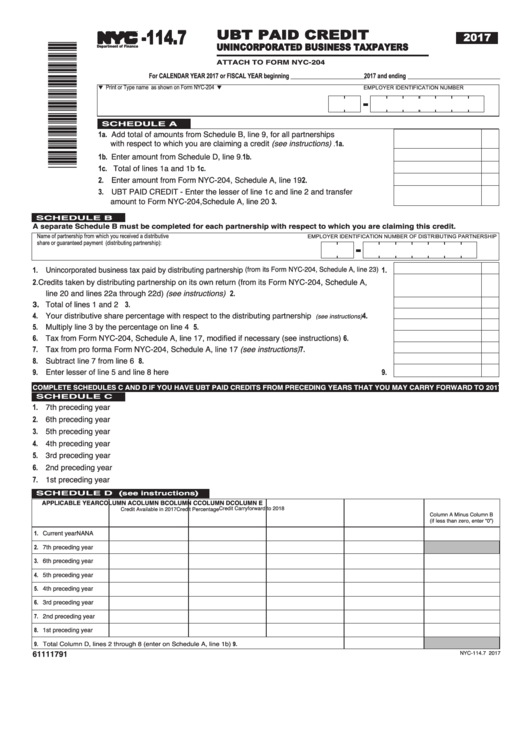Form Nyc-114.7 - Ubt Paid Credit Unincorporated Business Taxpayers - 2017 Printable pdf