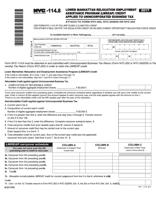 Form Nyc-114.8 - Lower Manhattan Relocation Employment Assistance Program (Lmreap) Credit Applied To Unincorporated Business Tax - 2017 Printable pdf