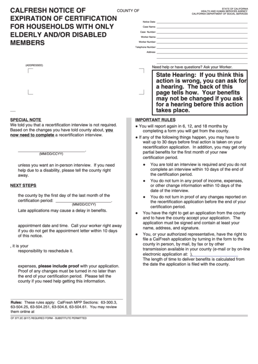 Fillable Form Cf 377.2c - Calfresh Notice Of Expiration Of Certification For Households With Only Elderly And/or Disabled Members Printable pdf