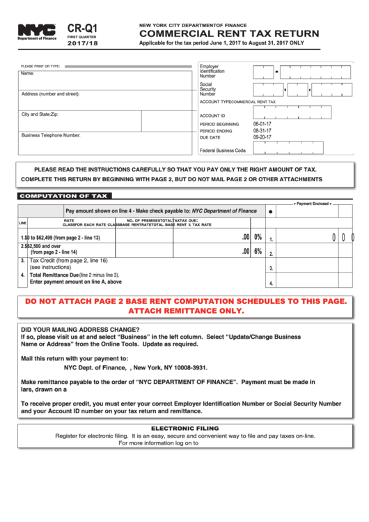 Form Cr-Q1 - Commercial Rent Tax Return First Quarter 2017/18 Printable pdf