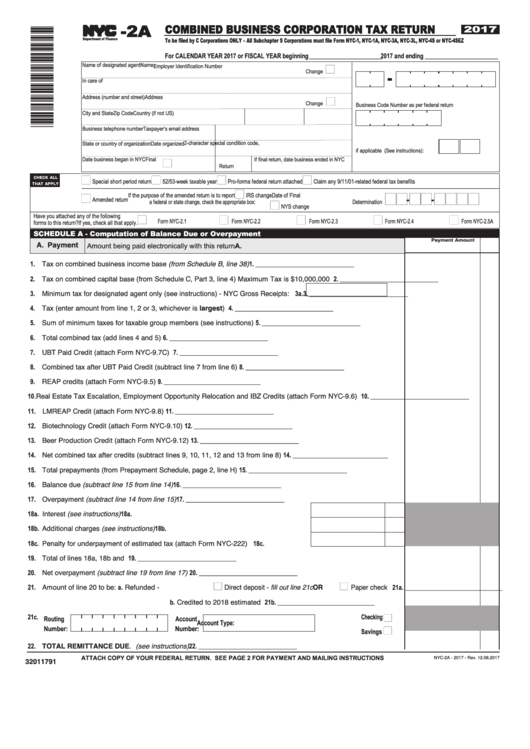 Form Nyc-2a - Combined Business Corporation Tax Return - 2017 Printable pdf