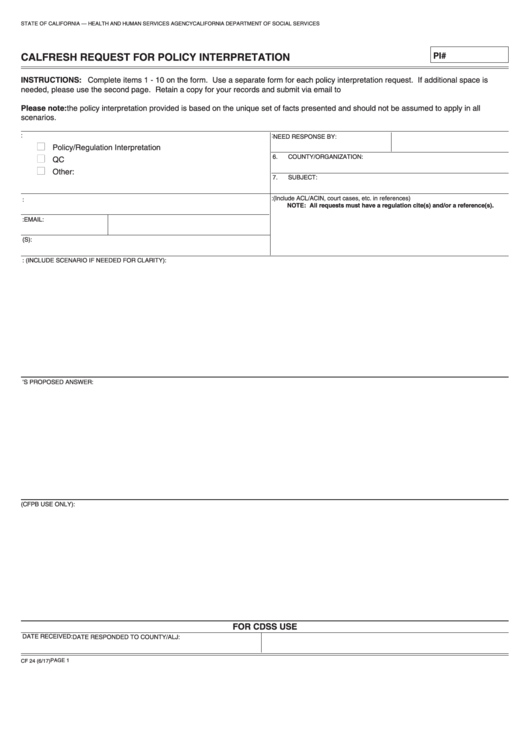 Fillable Form Cf 24 - Calfresh Program Request For Policy/regulation Interpretation Printable pdf