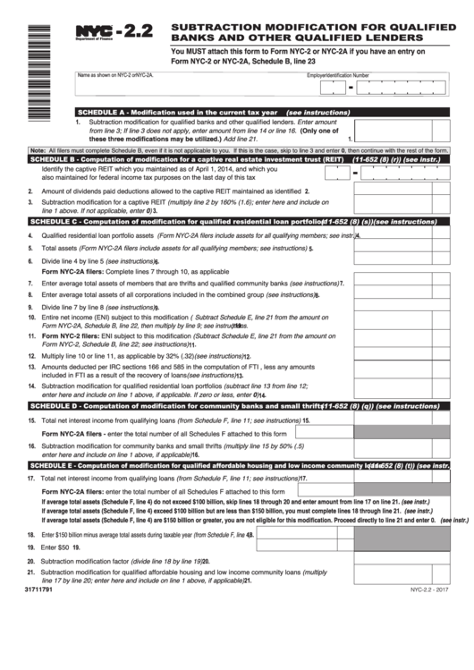 Form Nyc-2.2 - Subtraction Modification For Qualified Banks And Other Qualified Lenders Printable pdf