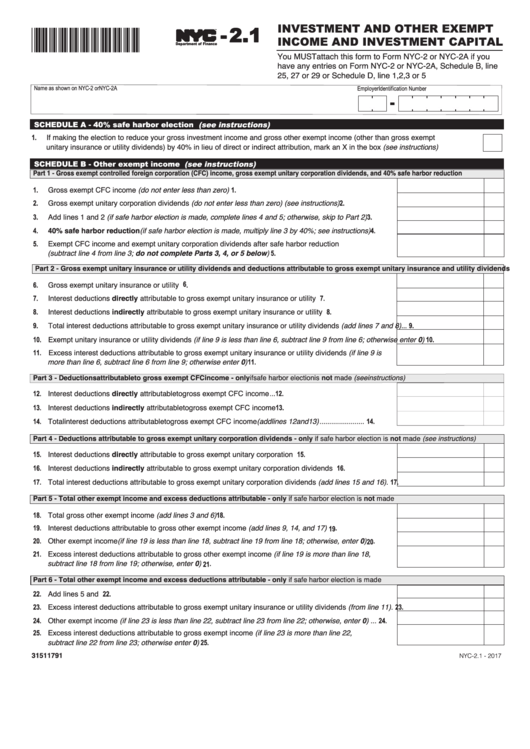 Form Nyc-2.1 - Investment And Other Exempt Income And Investment Capital Printable pdf