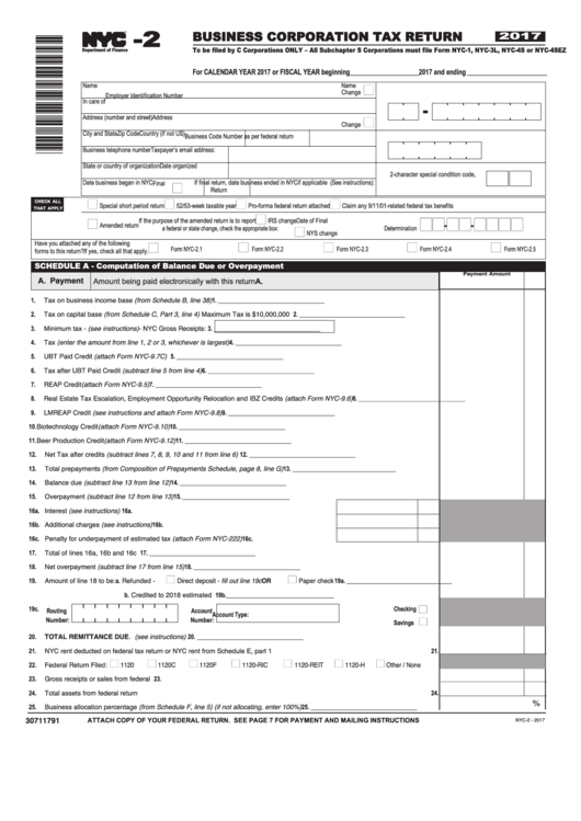 Form Nyc-2 - Business Corporation Tax Return - 2017 Printable pdf