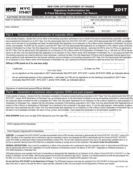 Form Nyc 579-Bct - Signature Authorization For E-Filed Banking Corporation Tax Return - 2017 Printable pdf
