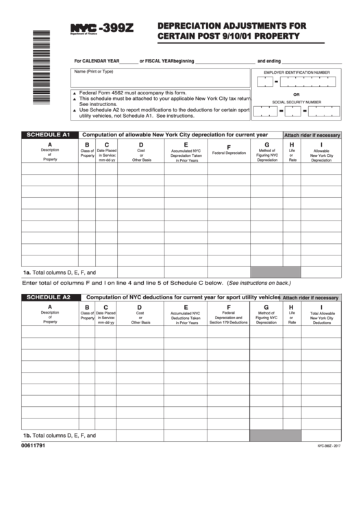 Form Nyc-399z - Depreciation Adjustments For Certain Post 9/10/01 Property Printable pdf