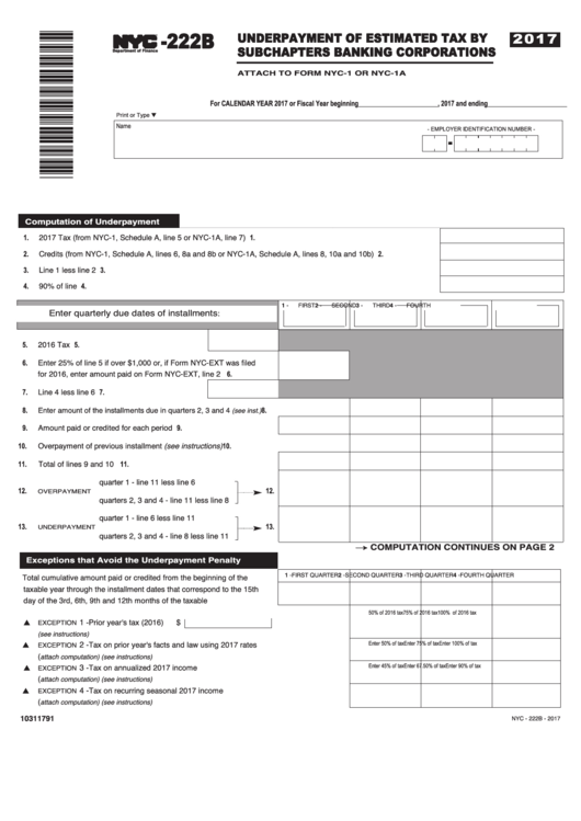 Form Nyc-222b - Underpayment Of Estimated Tax By Subchapter S Banking Corporations - 2017 Printable pdf