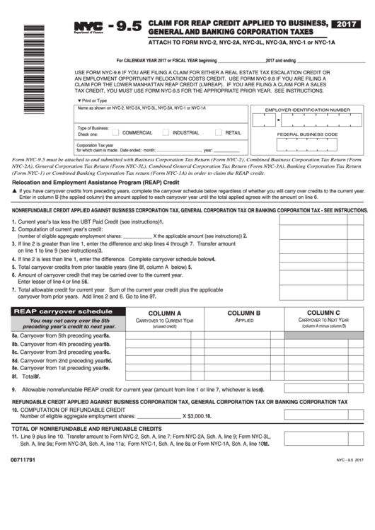 Form Nyc-9.5 - Claim For Reap Credit Applied To Business, General And Banking Corporation Taxes - 2017 Printable pdf