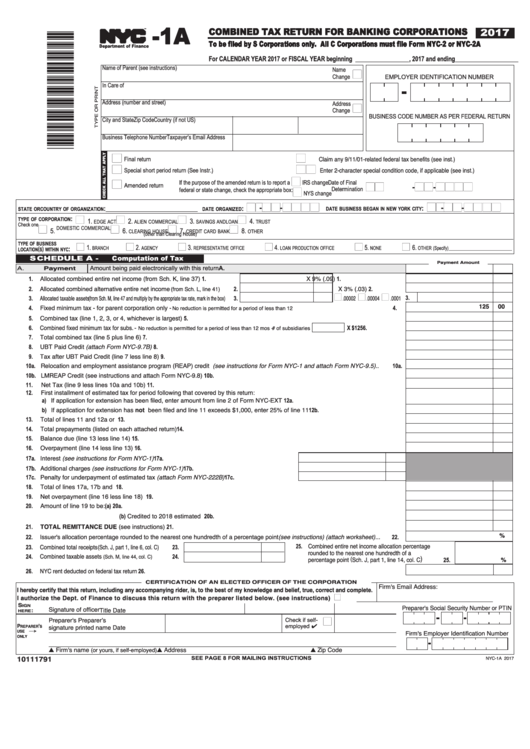 Form Nyc-1a - Combined Tax Return For Banking Corporations - 2017 Printable pdf
