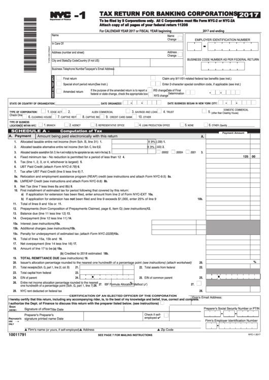 Form Nyc-1 - Tax Return For Banking Corporations - 2017 Printable pdf