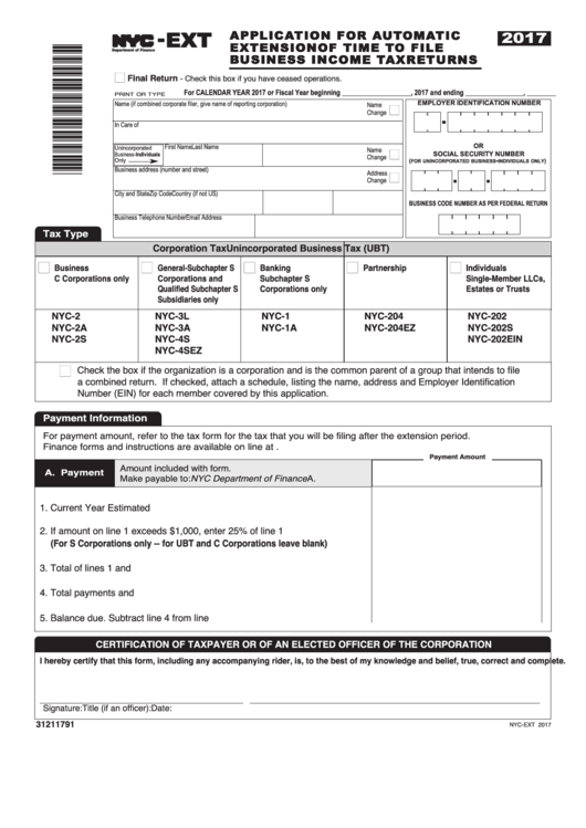 Form Nyc-Ext - Application For Automatic Extension Of Time To File Business Income Tax Returns - 2017 Printable pdf