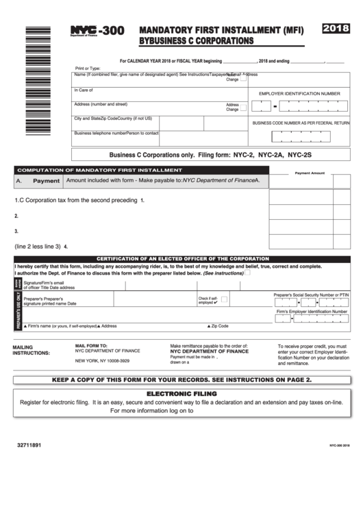 Form Nyc-300 - Mandatory First Installment (Mfi) By Business C Corporations - 2018 Printable pdf