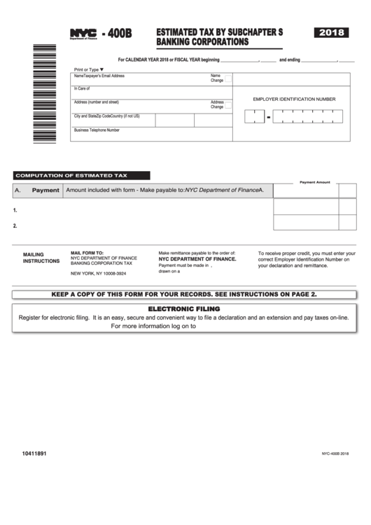 Form Nyc-400b - Estimated Tax By Subchapter S Banking Corporations - 2018 Printable pdf