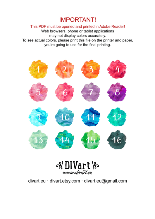 16 Colors Chart Printable pdf