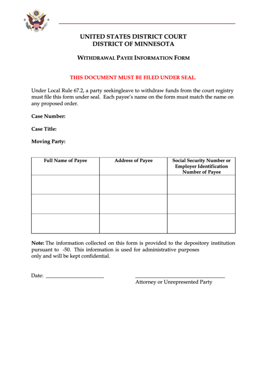 Fillable Withdrawal Payee Information Form - United States District Court Printable pdf