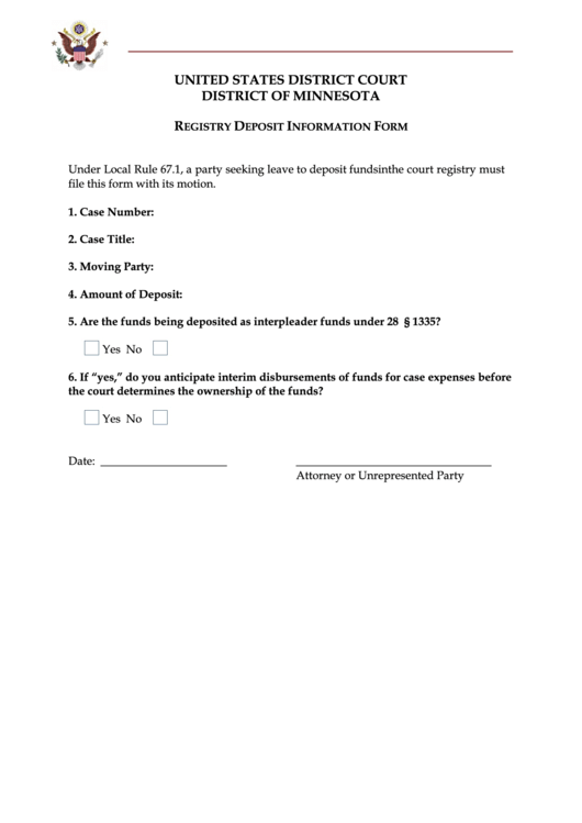 Fillable Registry Deposit Information Form - United States District Court Printable pdf
