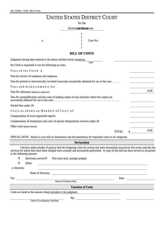 Fillable Form Ao 133 - Bill Of Costs Printable pdf