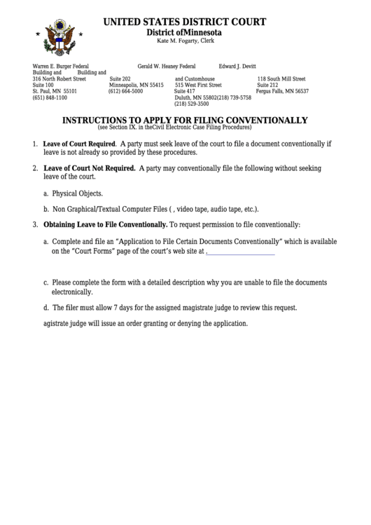 Instructions To Apply For Filing Conventionally - United States District Court Printable pdf
