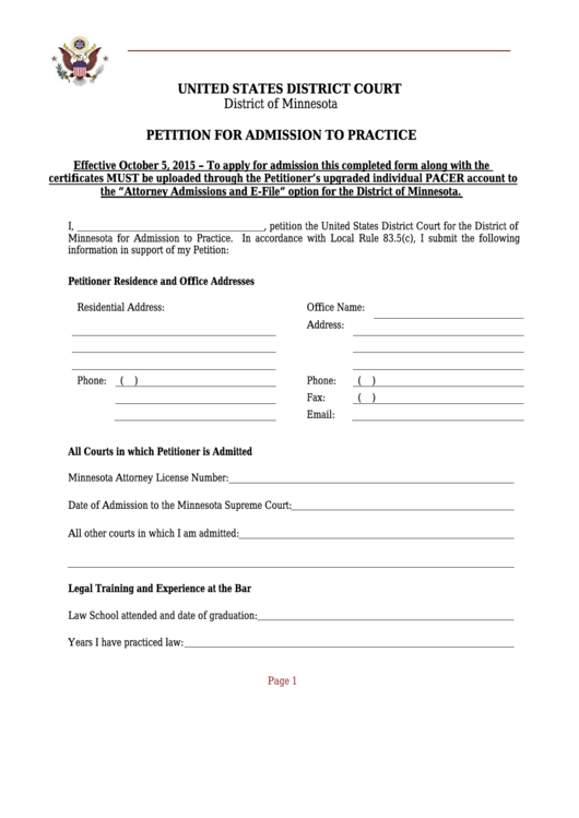 Petition For Admission To Practice - United States District Court Printable pdf