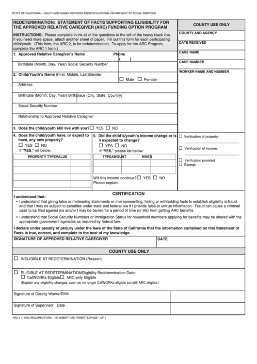 Fillable Form Arc 2 - Redetermination - Statement Of Facts Supporting Eligibility For The Approved Relative Caregiver (Arc) Funding Option Program Printable pdf