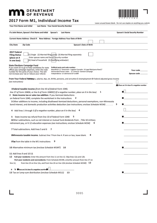 Form M1 - Individual Income Tax - 2017 Printable pdf