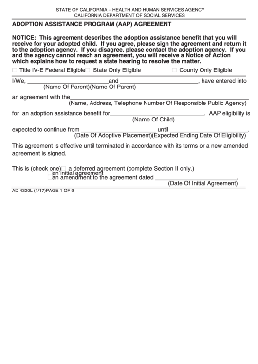 Fillable Form Ad 4320l - Adoption Assistance Program (Aap) Agreement Printable pdf