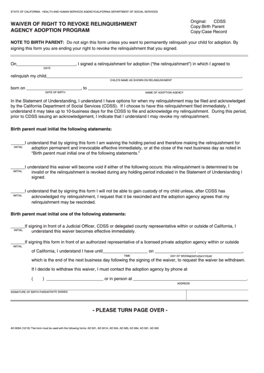 Fillable Form Ad 929a - Waiver Of Right To Revoke Relinquishment Agency Adoption Program Printable pdf