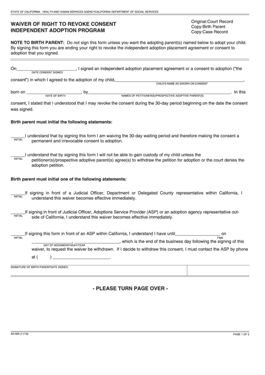 Fillable Form Ad 929 - Waiver Of Right To Revoke Consent Independent Adoption Program - Independent Adoptions Program Printable pdf