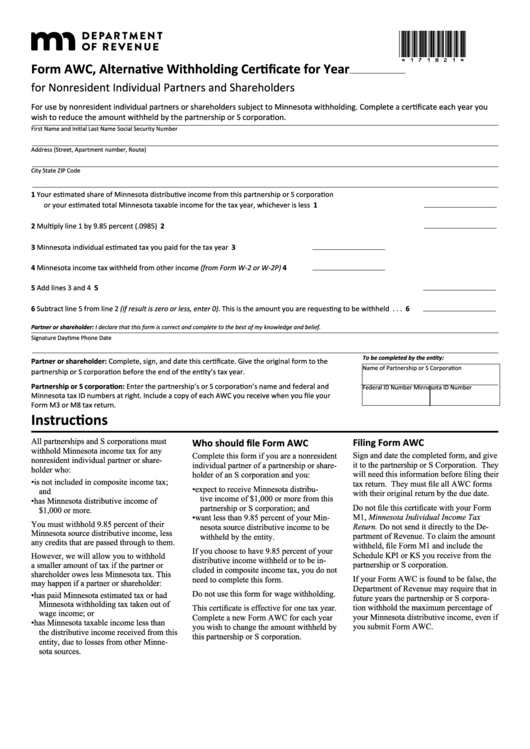 Fillable Form Awc - Alternative Withholding Certificate For Nonresident Individual Partners And Shareholders Printable pdf