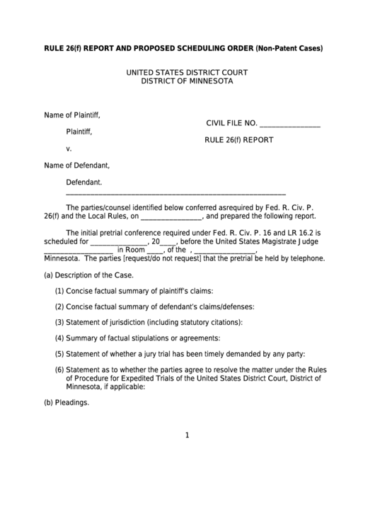 Rule 26(F) Report And Proposed Scheduling Order (Non-Patent Cases) - United States District Court Printable pdf