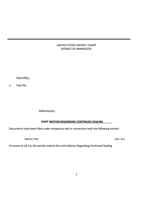 Joint Motion Regarding Continued Sealing - United States District Court Printable pdf