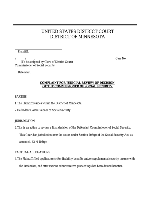 Complaint For Judicial Review Of Decision Of The Commissioner Of Social Security - United States District Court Printable pdf