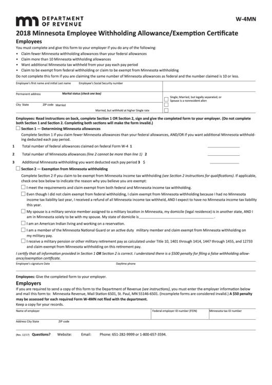 Fillable Form W-4mn - Minnesota Employee Withholding Allowance/exemption Certificate - 2018 Printable pdf
