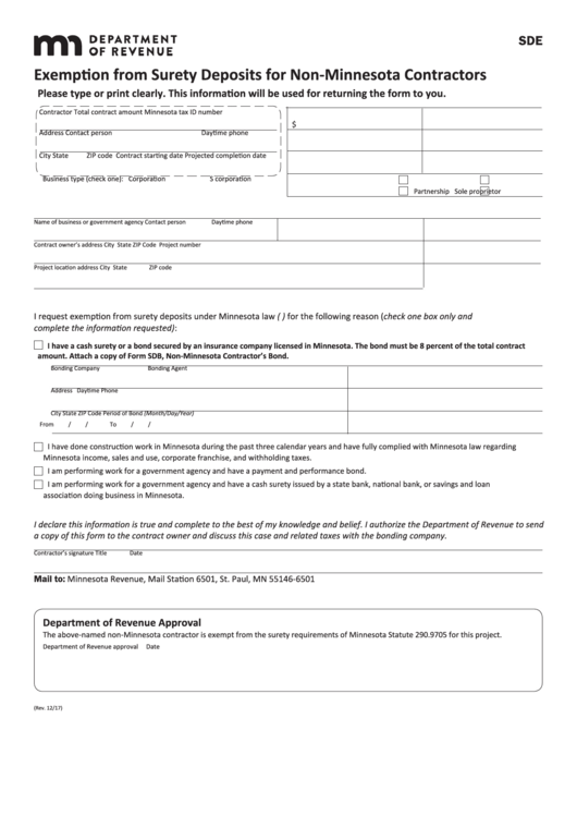 Fillable Form Sde - Exemption From Surety Deposits For Non-Minnesota Contractors Printable pdf