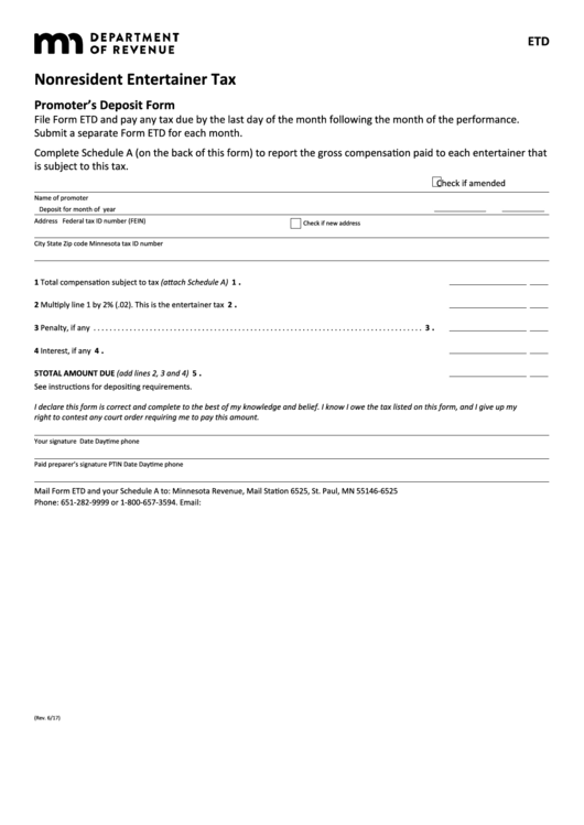 Fillable Form Etd - Nonresident Entertainer Tax Printable pdf